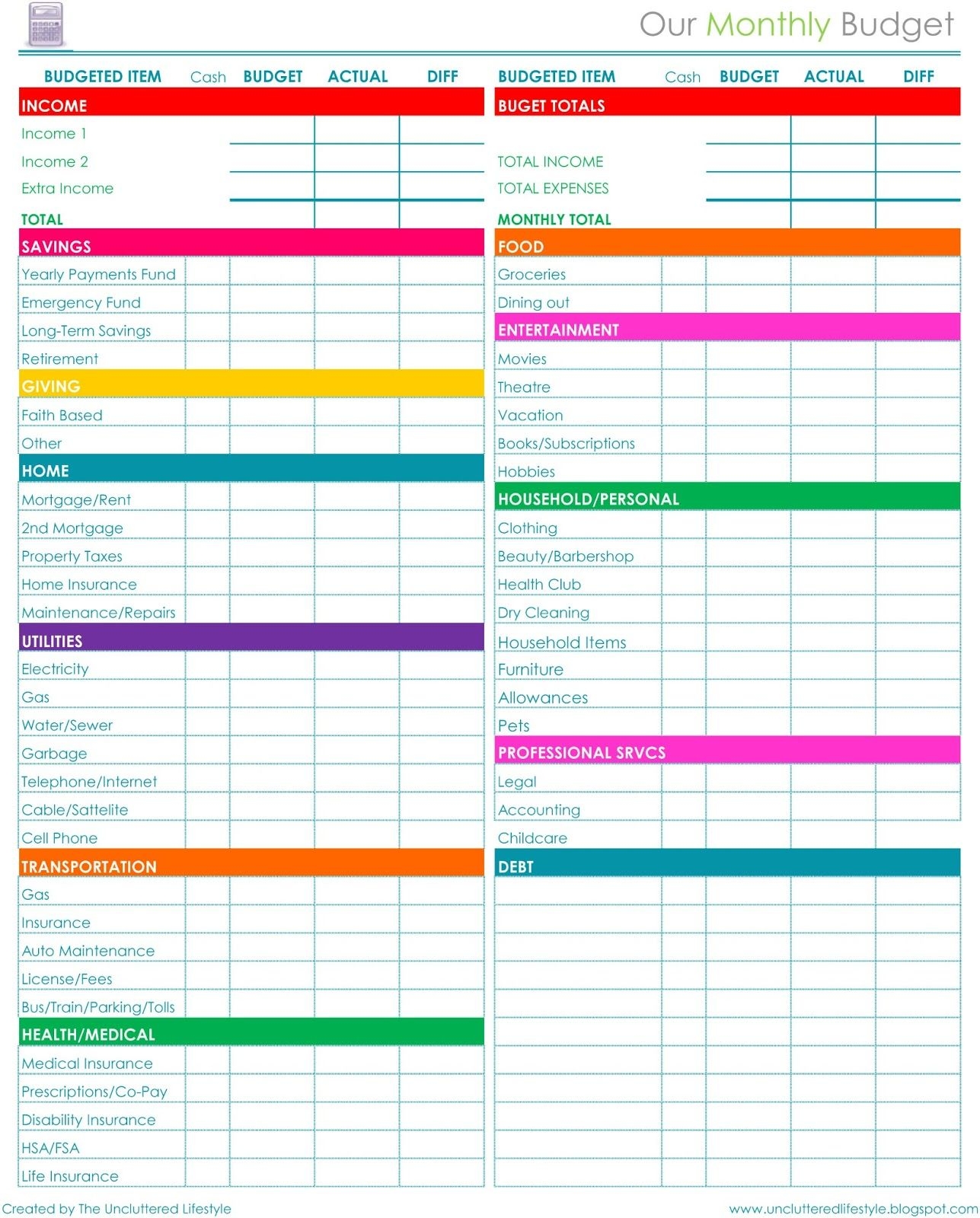 A Printable Budget Sheet With Colorful Lines