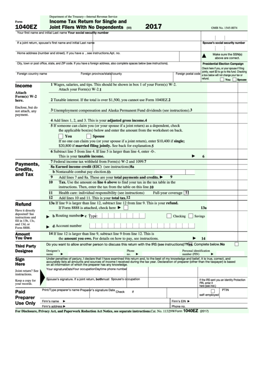 Fillable Form 1040 Ez Income Tax Return For Single And Joint Filers 