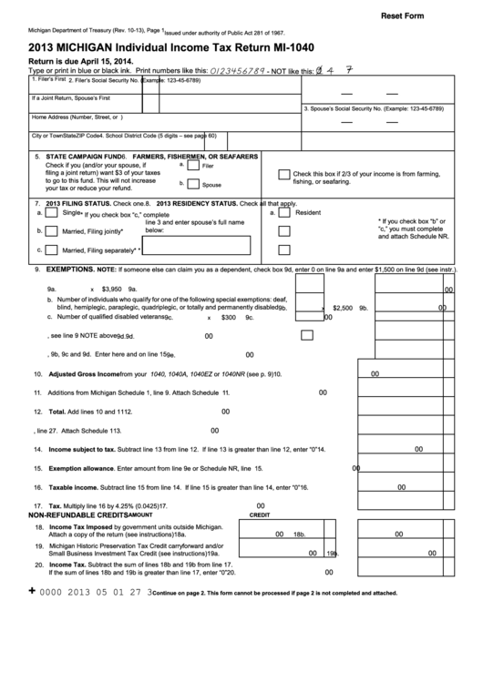 Fillable Form Mi 1040 Michigan Individual Income Tax Return 2013 