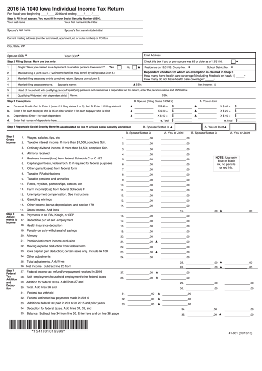 Form Ia 1040 Iowa Individual Income Tax Return Form 2016 Printable 