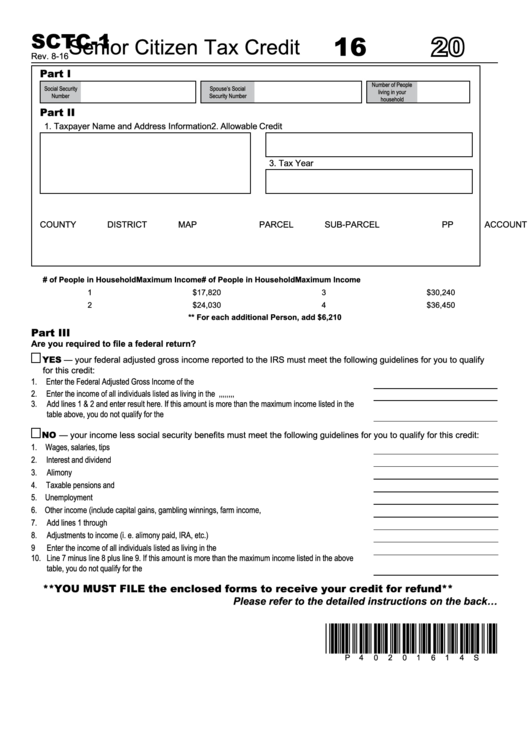 Form Sctc 1 Senior Tax Credit Form 2016 Printable Pdf Download