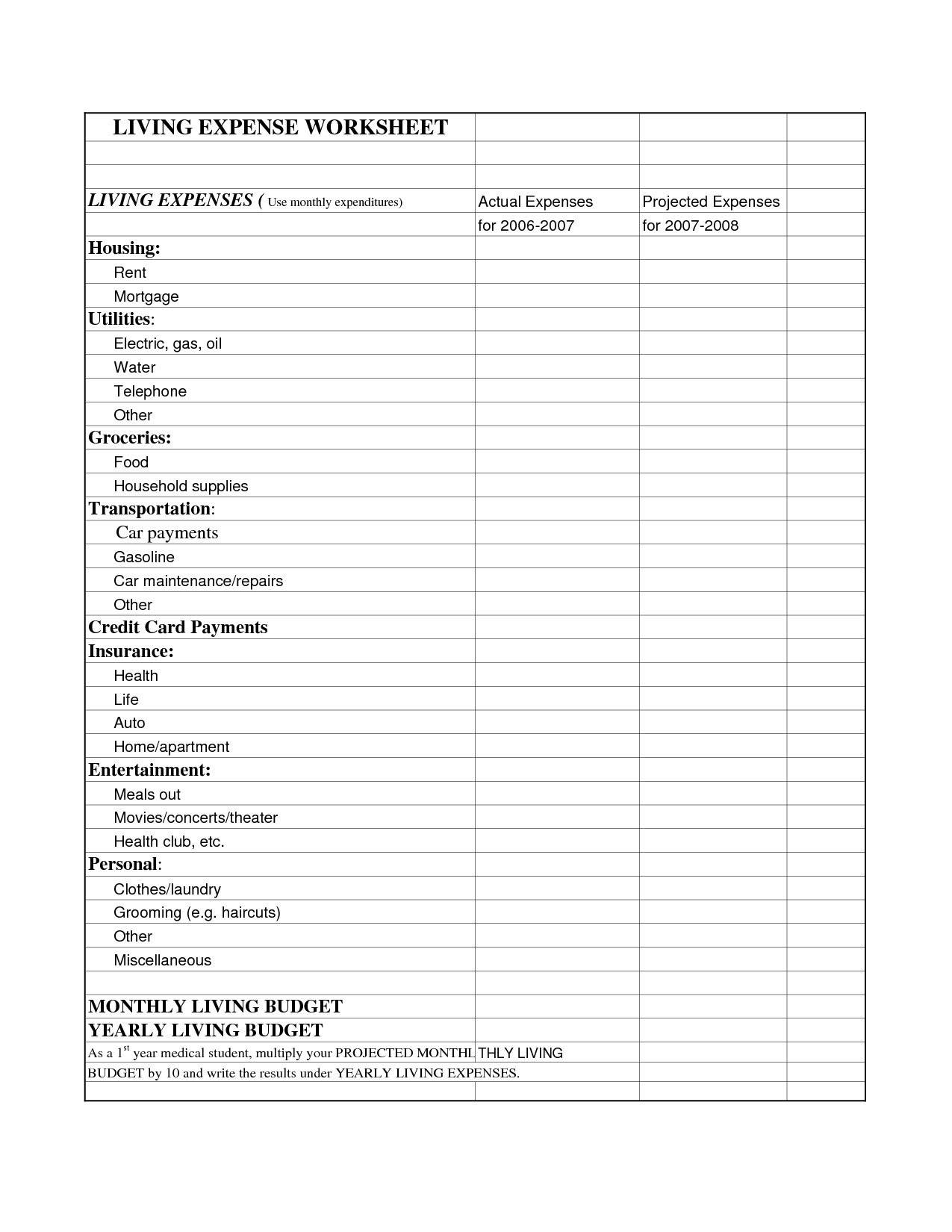 Living Expenses Worksheet Printable Free Printable Worksheet