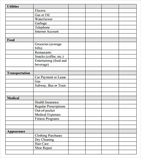 Monthly Expenses List Printable