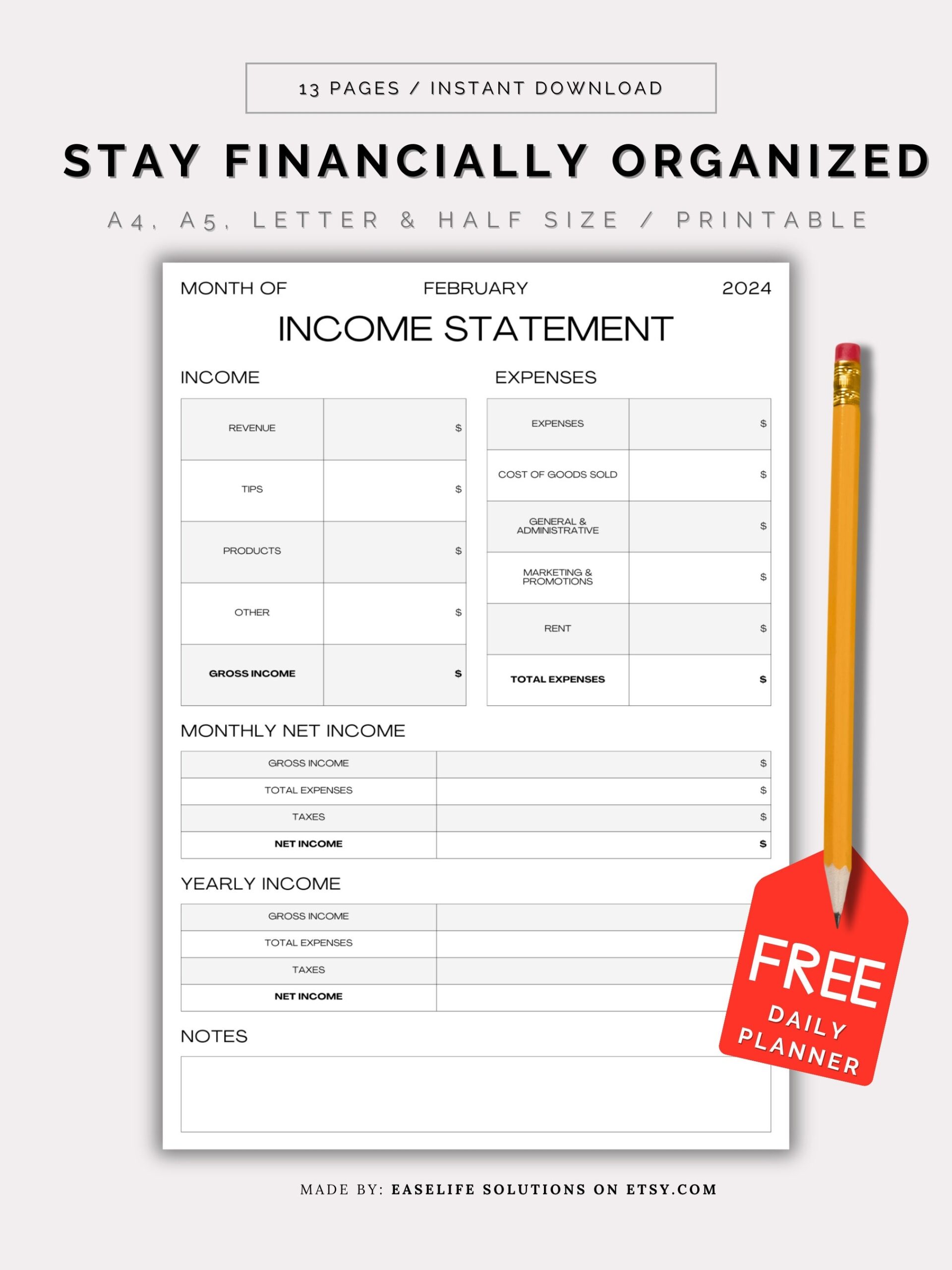 Printable Monthly Income Statement Tracker Income Expense Tracker 