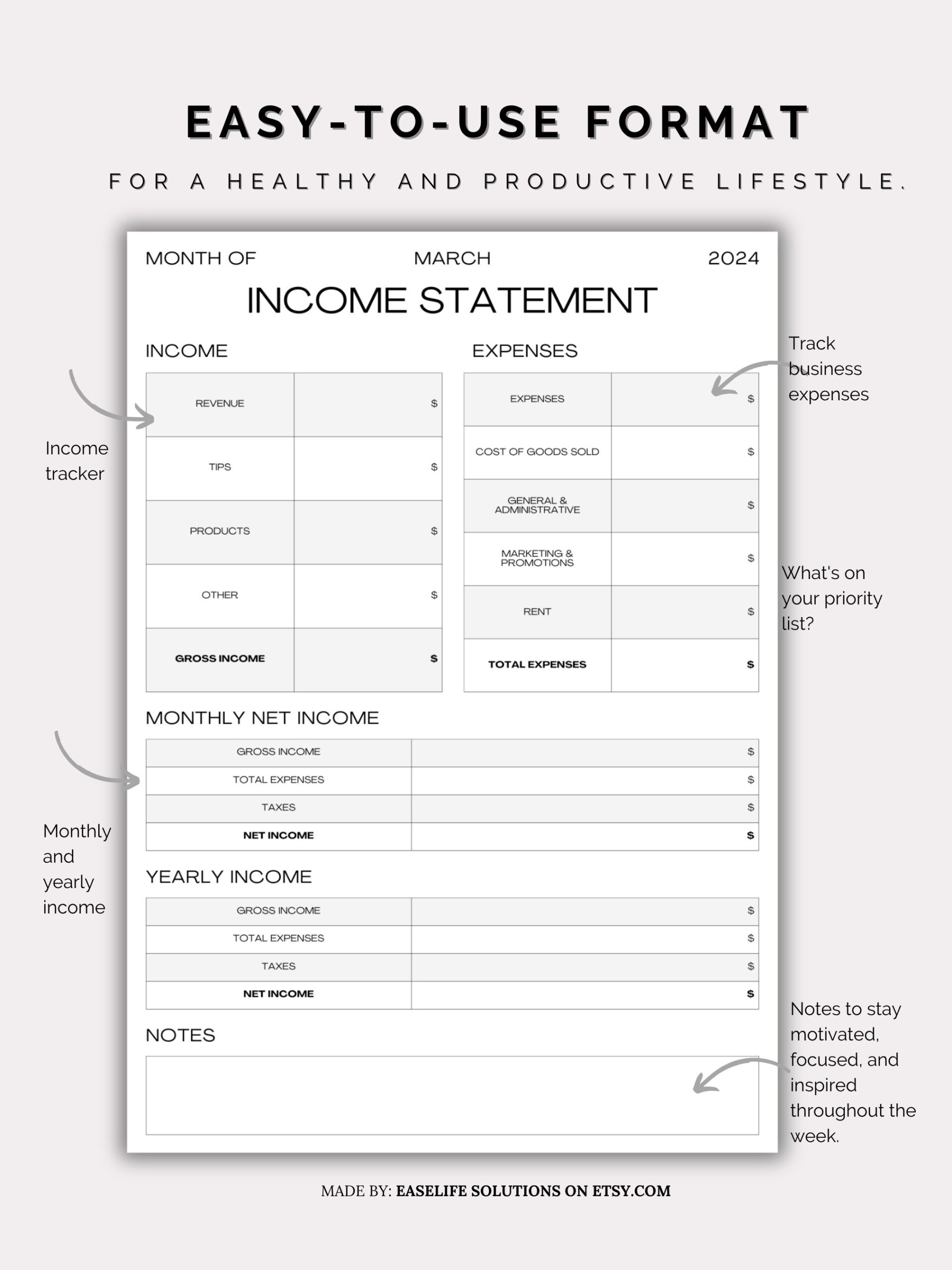 Printable Monthly Income Statement Tracker Income Expense Tracker 