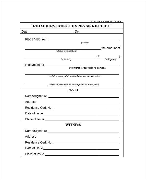 Printable Reimbursement Expense Receipt Form Printable Forms Free Online