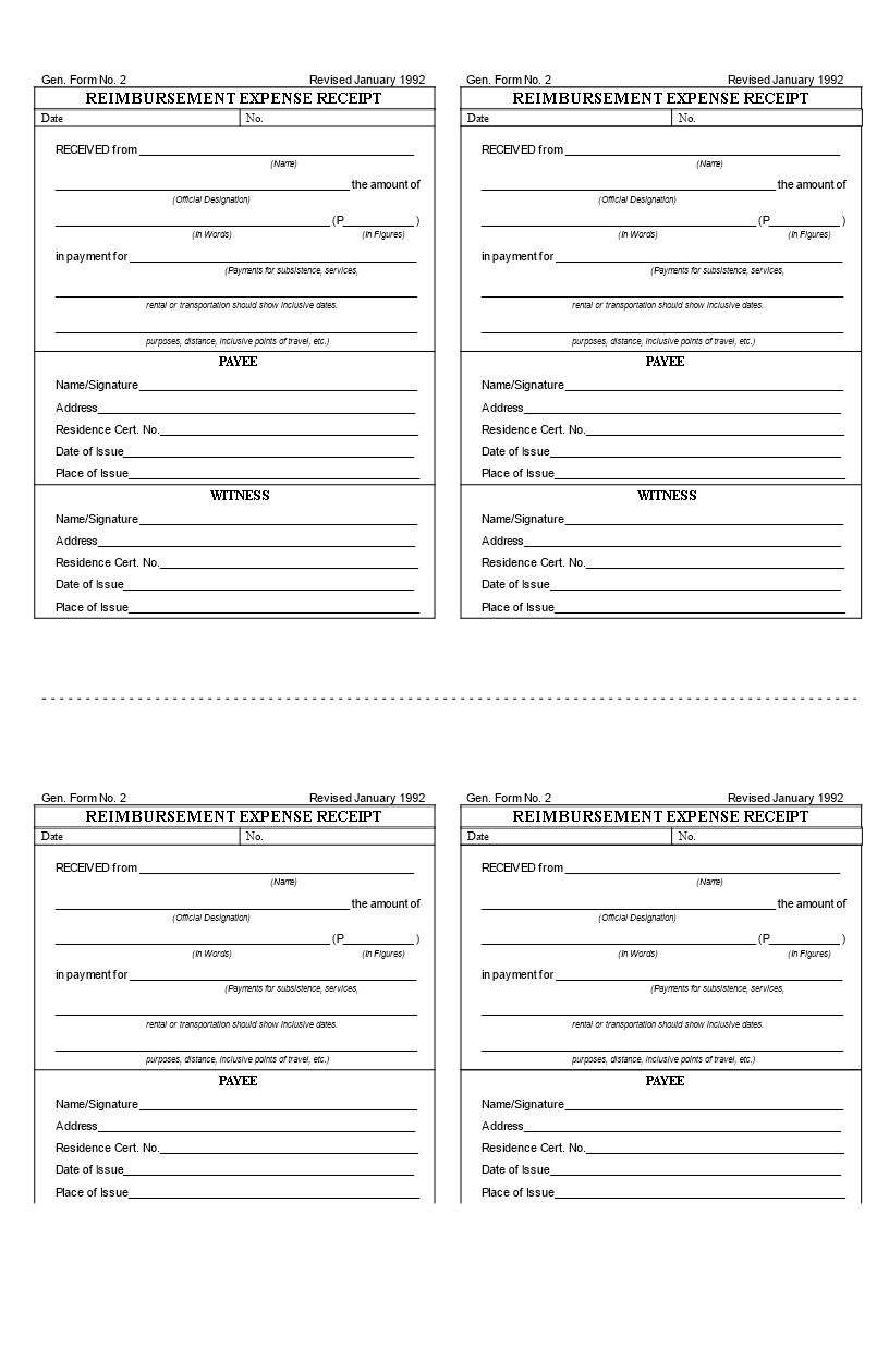 Printable Reimbursement Expense Receipt Form Printable Forms Free Online